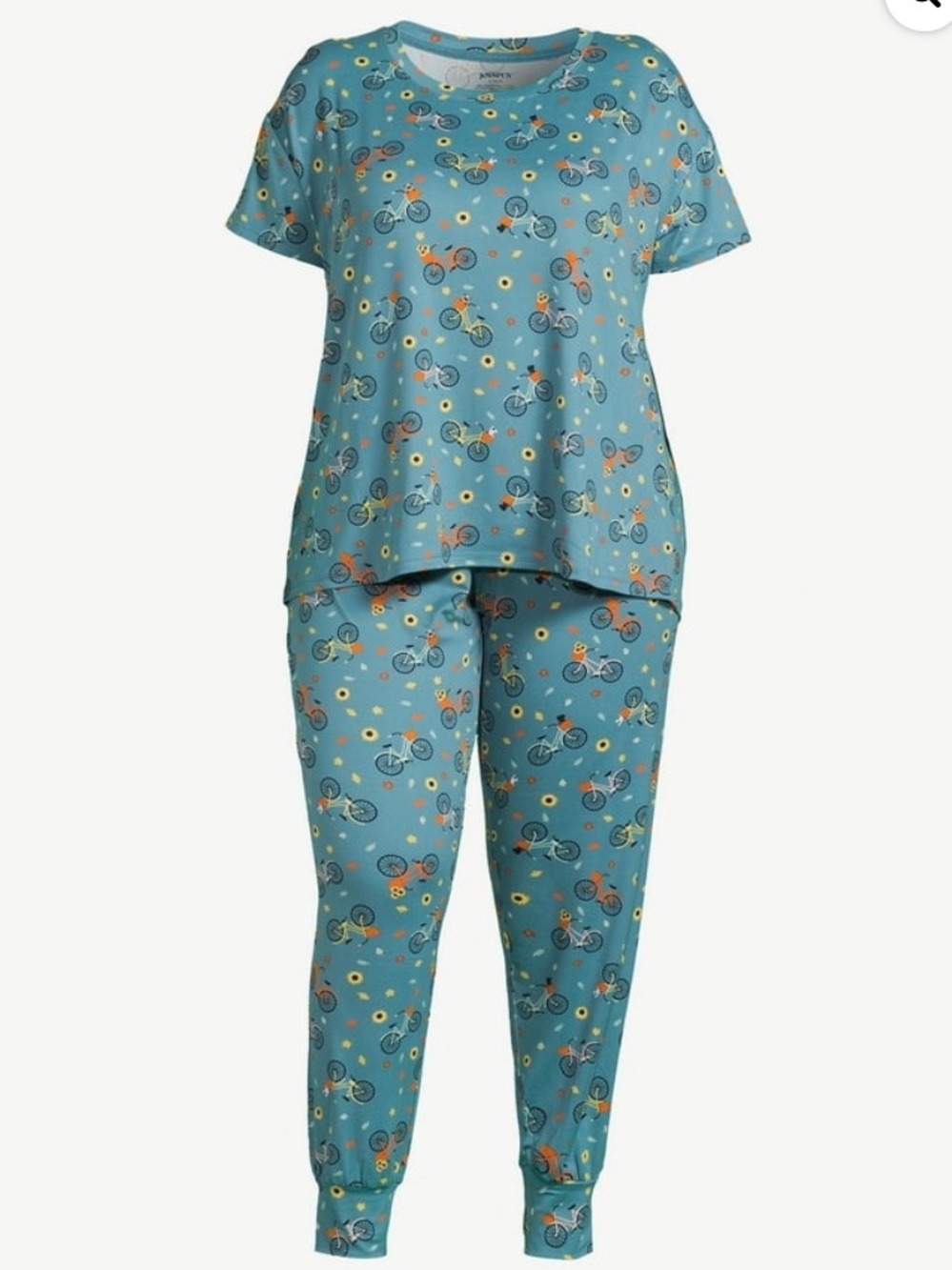 Bicycle & Sunflower Print Pajama Set in Teal